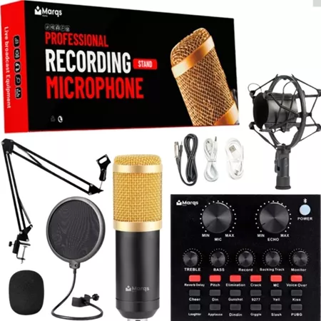 Kit Microfone Condensador Para Estúdio Podcast Gravação Bm800 + Mesa V8 Placa De Som