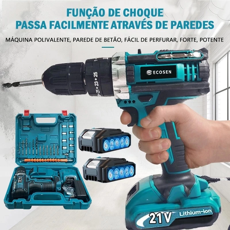 Furadeira Parafusadeira 3/8&quot; bateria 21V com maleta e acessórios/ECOSEN