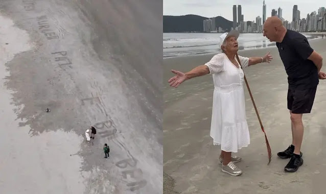 Idosa de 92 anos emociona ao evangelizar com frases na areia em praia de SC: “Jesus te ama”