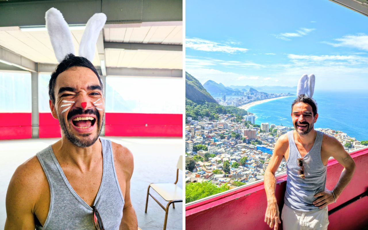Caio Blat se transforma em coelho da Páscoa e distribui chocolates no Vidigal